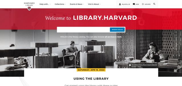 A screenshot of the Harvard Library homepage with a search box and blue search hollis button.